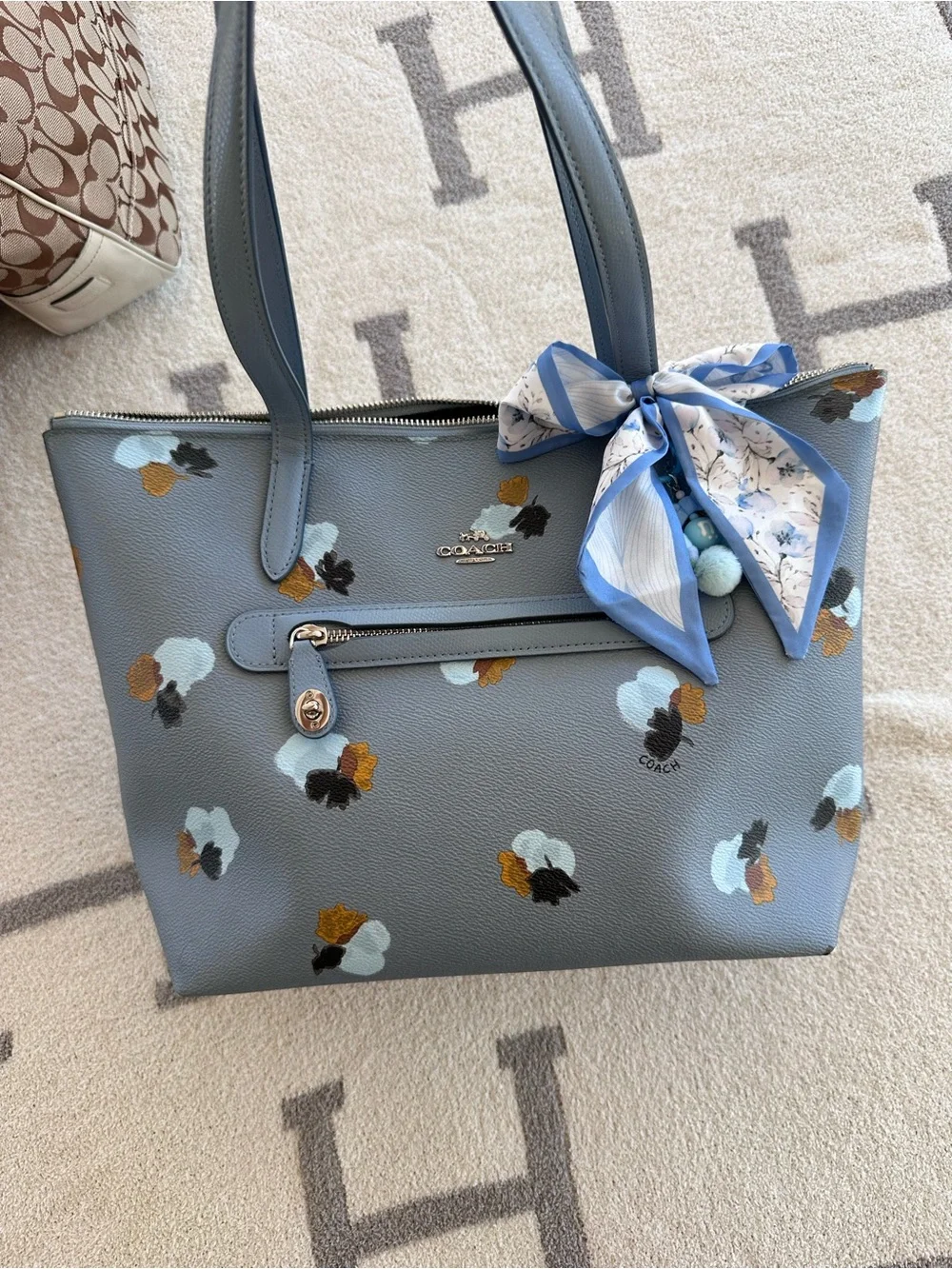 Coach Floral Print Leather Tote Bag in Light Blue 2016 Coach Taylor tote